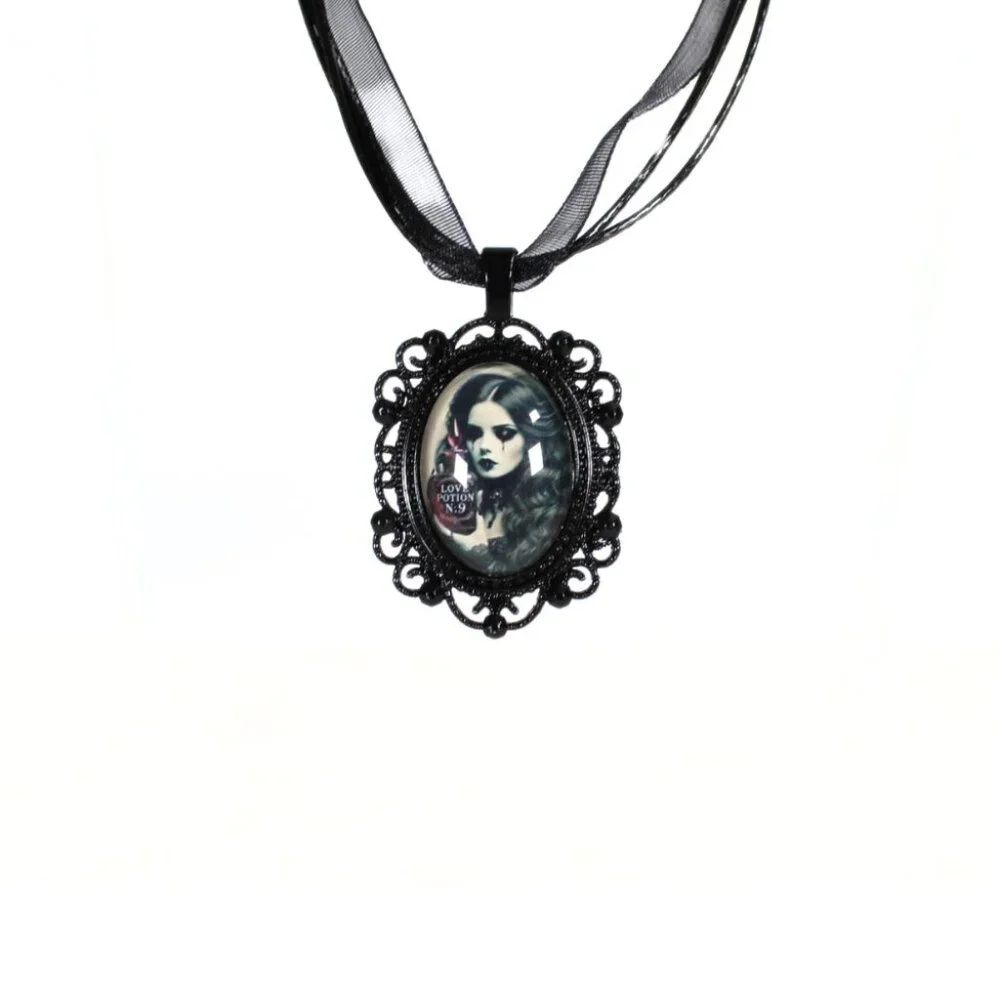 Gothic Victorian Witch Cameo Necklace Black Metal Pendant Love Potion